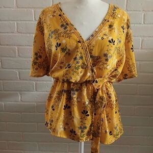 Yellow Floral V Neck Top With Sash